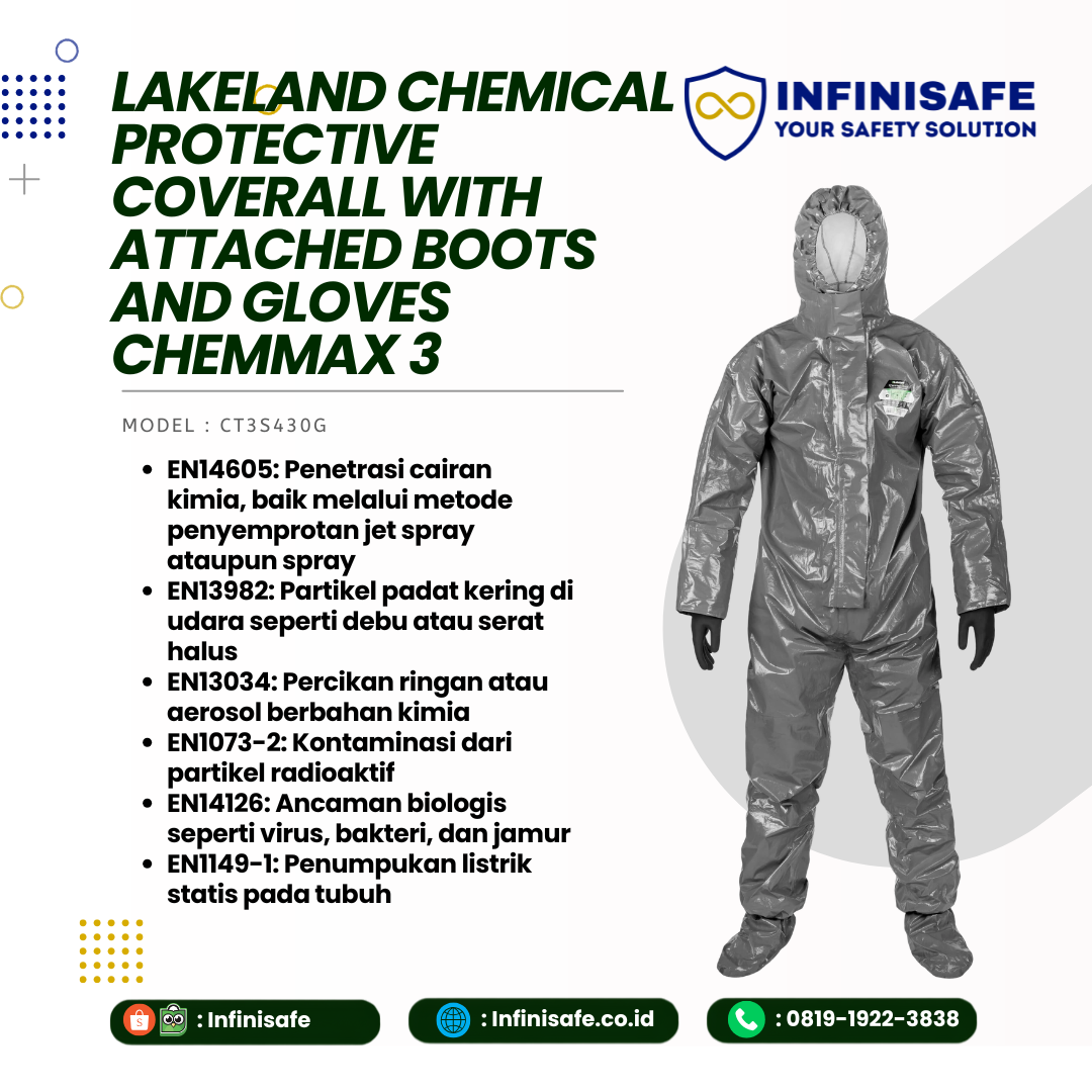 Beli Lakeland Chemical Protective Coverall Attached Boots & Gloves ChemMax 3 CT3S430G. Baju APD kimia lengkap bersertifikasi. Hubungi Infinisafe!